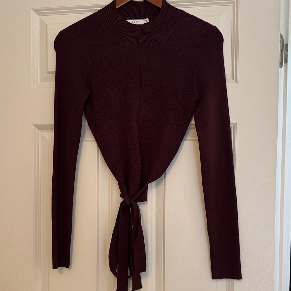 Lush Deep Burgundy Tie-Front Long Sleeve Top